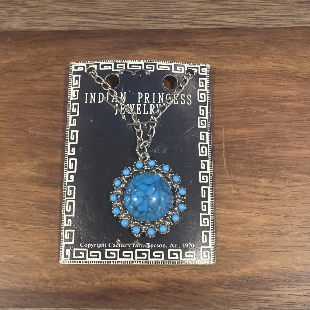 VTG 1970 Cactus Craft Indian Princess Blue Pendant Necklace Southwestern Boho